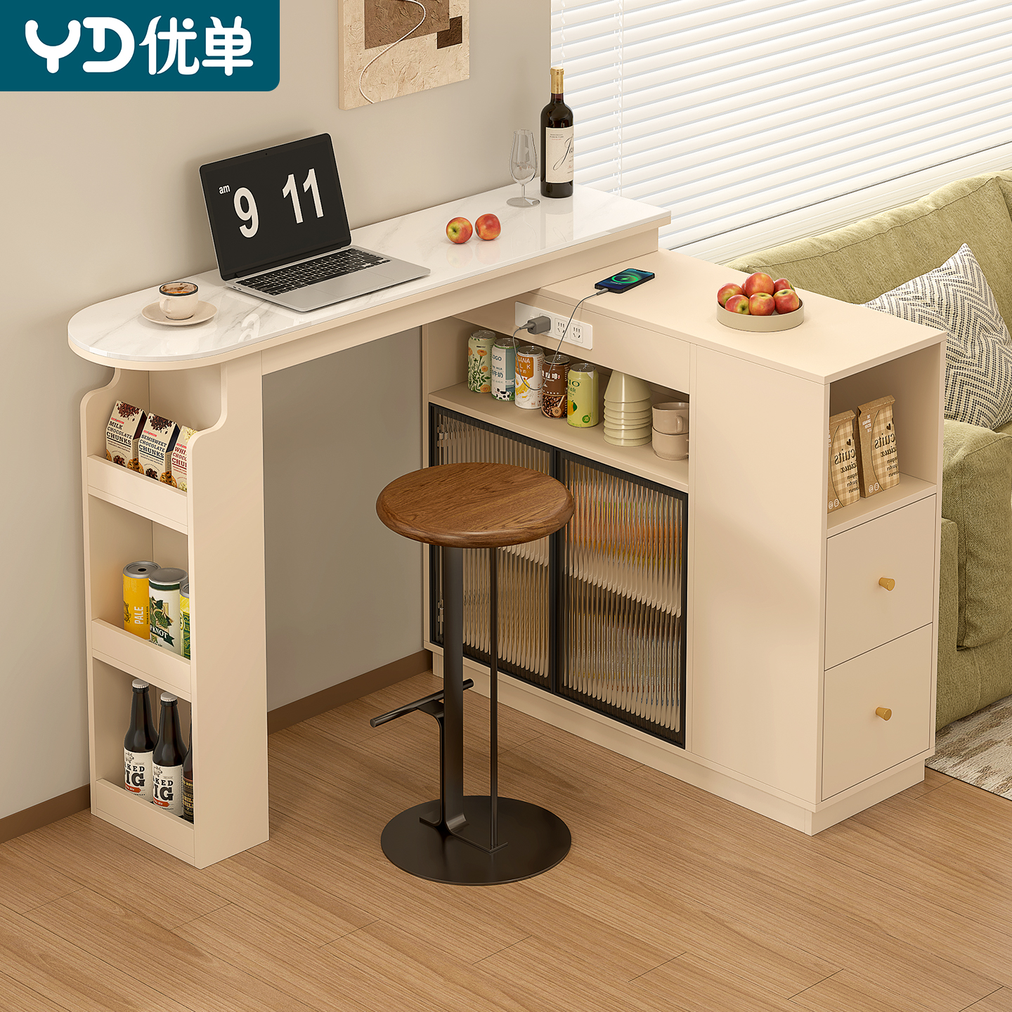 小户型客厅伸缩吧台桌转角餐边柜家用隔断柜酒柜岩板沙发边柜W57