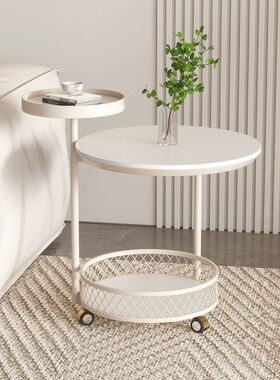 奶油风沙发边几可移动客厅家用双层现代简约白色岩板储物小茶几