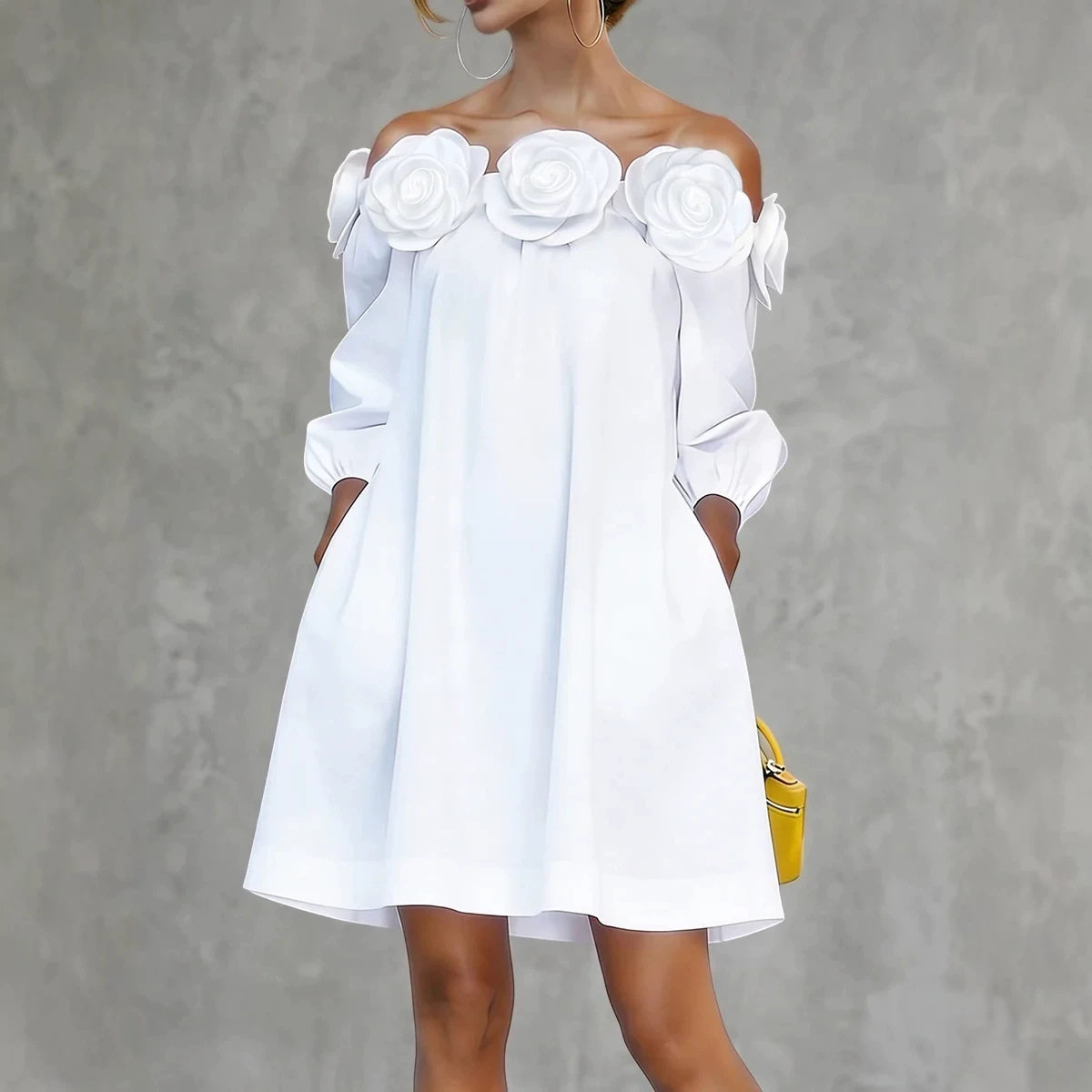 度假风宽松大码纯色立体花朵一字领连衣裙女 Flower collar dress