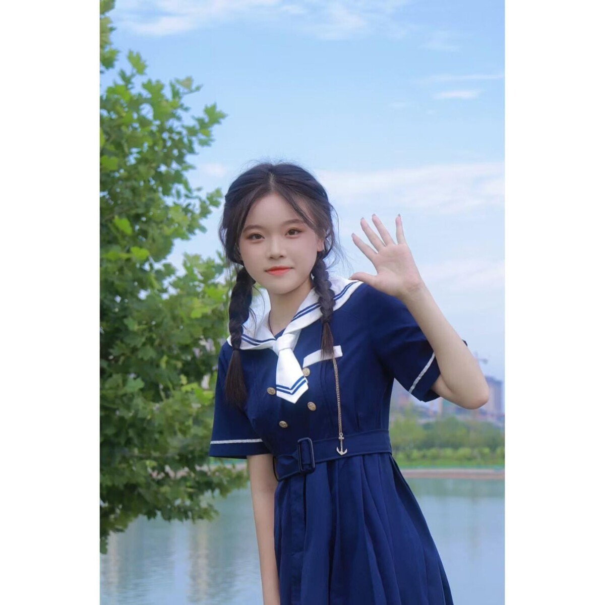 夏季新款学院风海军领气质收腰显瘦连衣裙女学生中长款百褶a字裙
