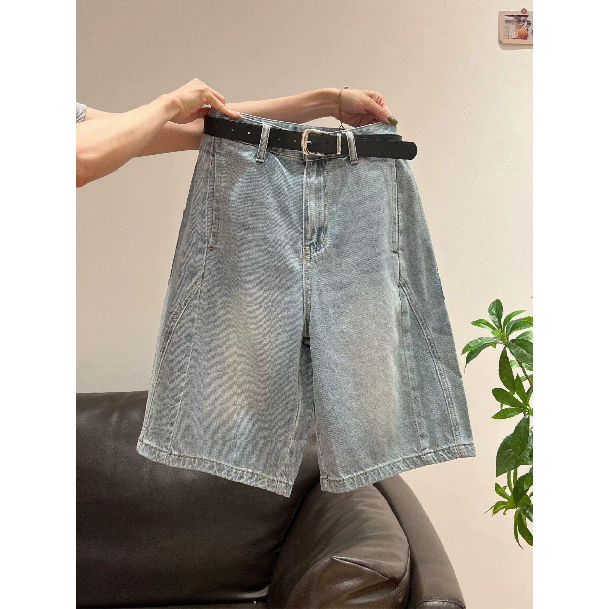 蓝色花苞工装五分牛仔裤高腰短裤女夏季新款大码宽松显瘦休闲阔腿