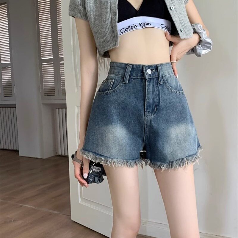 复古辣妹牛仔短裤女高腰宽松显瘦A字阔腿热裤直筒设计感韩版毛边