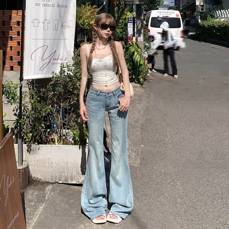 美式辣妹风低腰微喇牛仔裤女浅蓝色修身显瘦拖地长裤基础百搭直筒