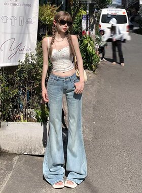 美式辣妹风低腰微喇牛仔裤女浅蓝色修身显瘦拖地长裤基础百搭直筒