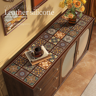 美式 柜餐边柜桌面保护垫子皮革盖布台面桌布 复古花砖电视柜桌垫鞋