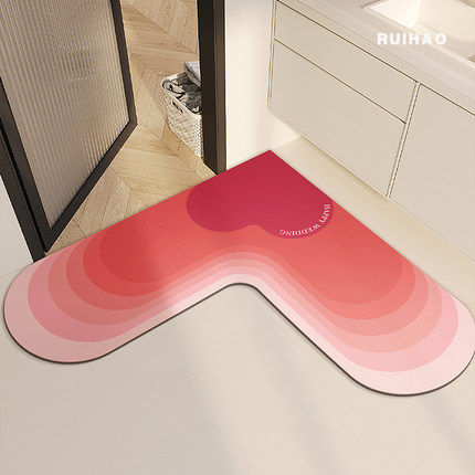 红色喜庆结婚硅藻泥加厚吸水L形脚垫浴室卫生间厕所地垫7字形防滑