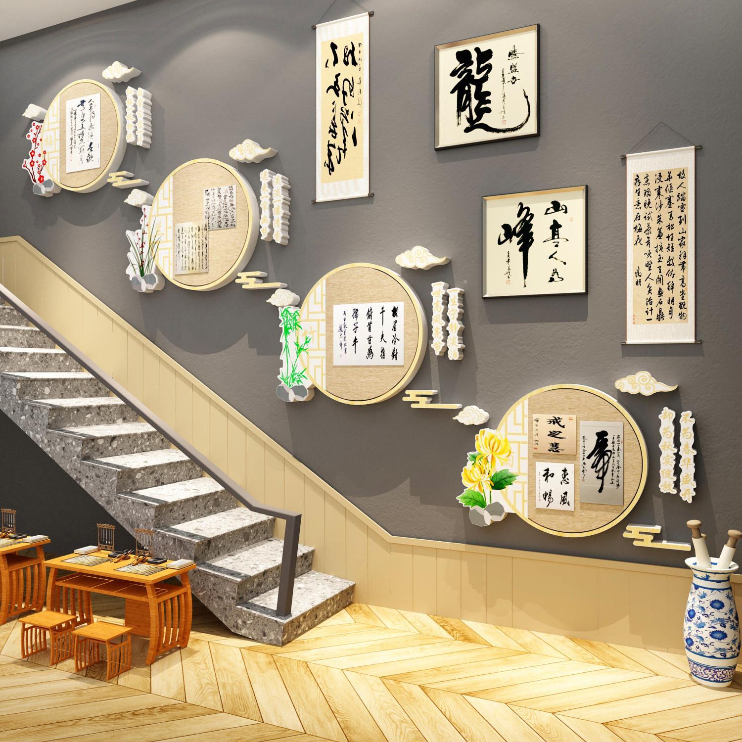 书法班教室布置墙面装饰机构作品展示文化环创楼梯古国风毛毡板贴