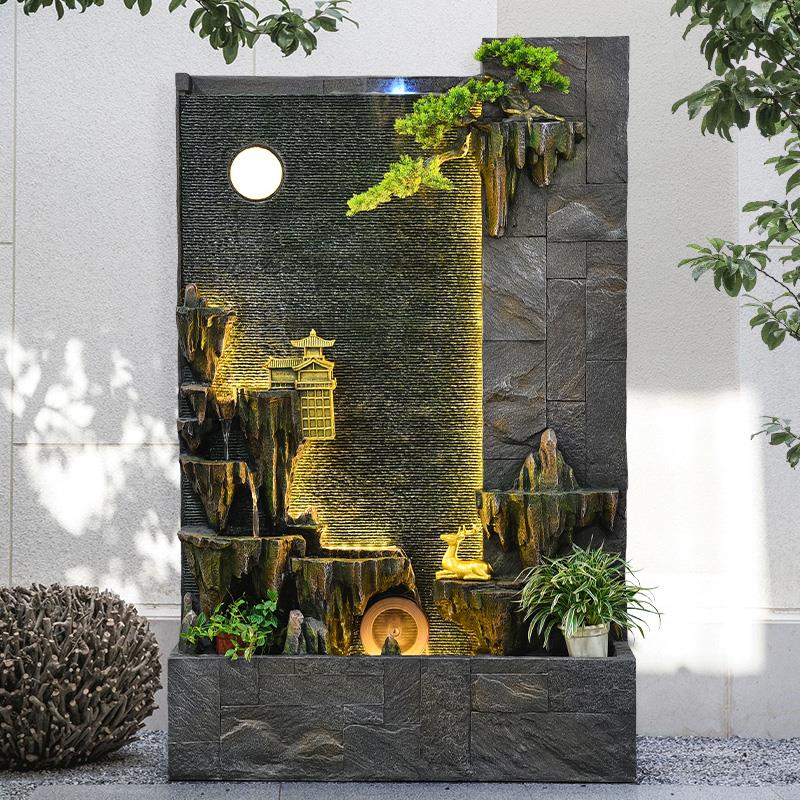 中式水幕墙假山喷泉流水摆件屏风隔断循环水景观庭院酒店客厅装饰