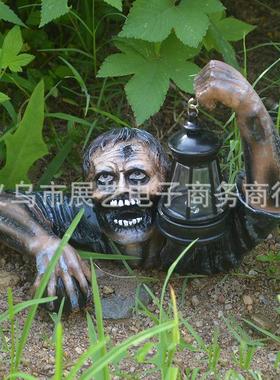 跨境新款树脂摆饰花园装饰品僵尸提灯万圣节恐怖雕塑树脂工艺品