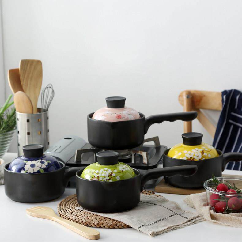 手彩砂锅 长把带盖子婴儿辅食搪瓷陶瓷面 面食米线 线糖水牛奶 热