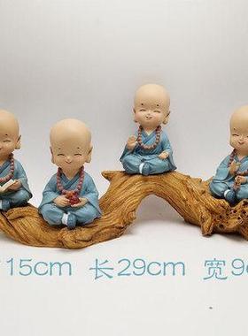 小沙弥可爱禅意小和尚摆件办公室办公桌书房书柜书桌创意博古木架