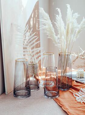 描金玻璃花瓶摆件轻奢北欧插花摆设 T型简约插干花的灰色金边花瓶