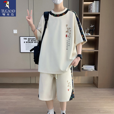 啄木鸟休闲运动套装男2025夏季新款宽松冰丝短袖t恤短裤穿搭一套