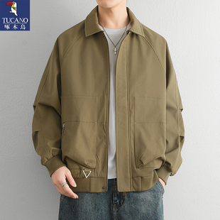 啄木鸟2025新款春秋季翻领夹克青年潮流帅气纯色衬衫外套薄款褂子