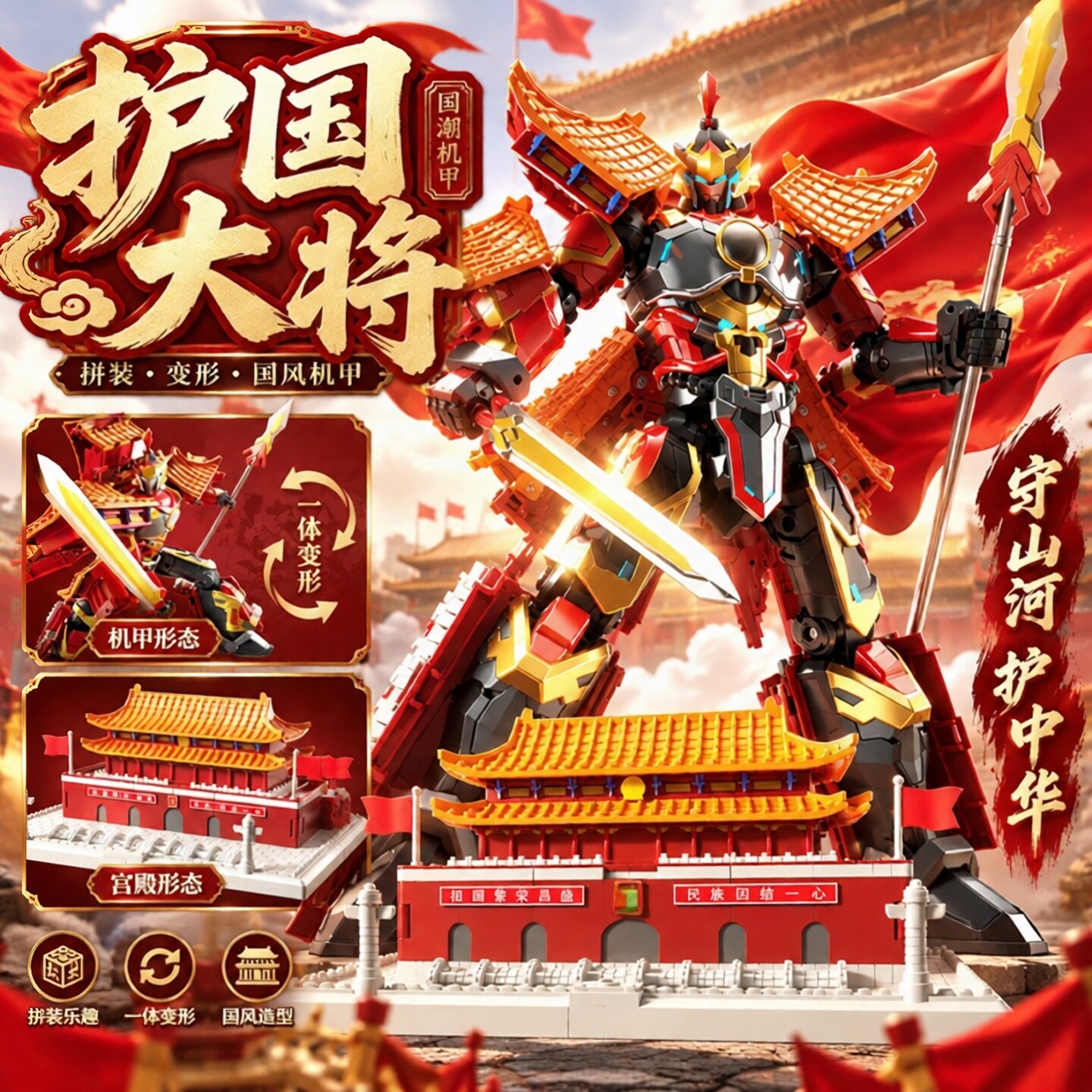 正版力将机器人变形玩具模型天安门护国大将国潮机甲合金成品男孩