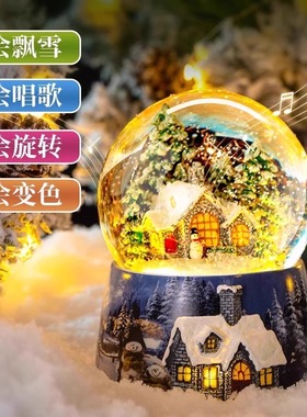 旋转飘雪水晶球音乐八音盒六一节生日礼物下雪摆件女孩子儿童网红