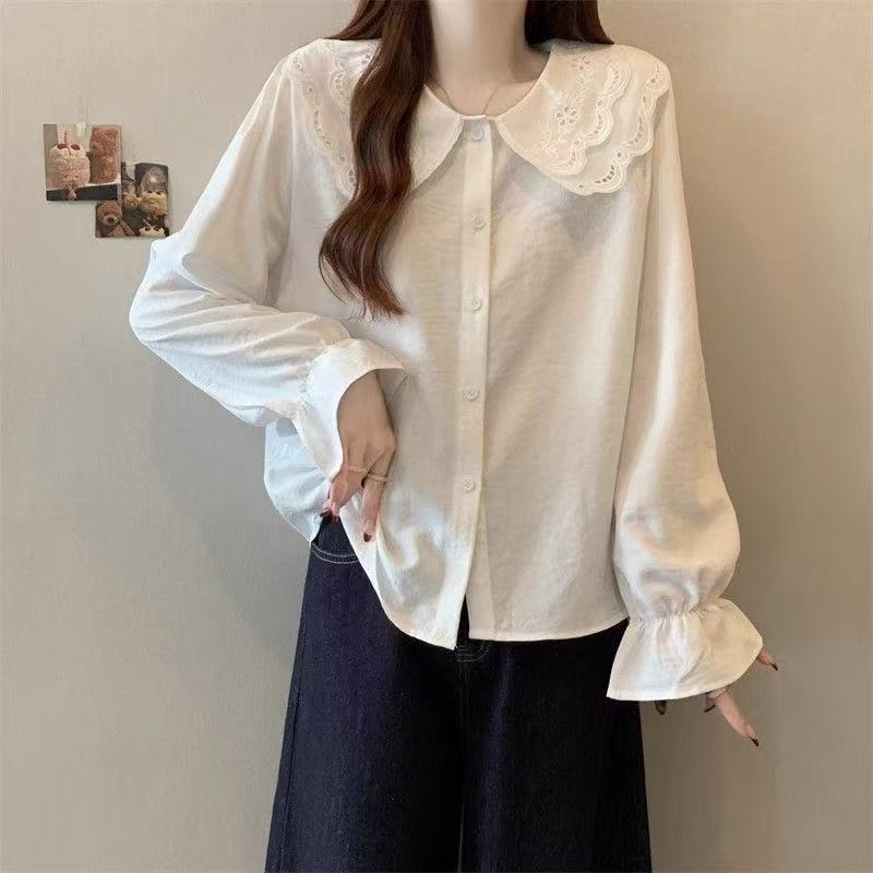 白色娃娃领长袖衬衫女2025春装新款大码胖mm显瘦超火内搭白色上衣