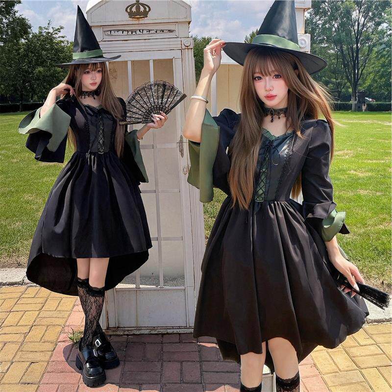 万圣节女巫服装黑色哥特风连衣裙舞台表演服巫婆帽魔女cos演出服