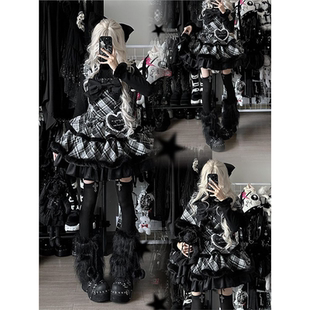 见习魔女 冬季新款哥特暗黑系优雅大小姐斗篷毛呢外套连衣裙套装