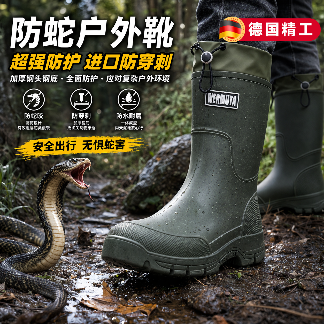 德国野外防蛇鞋户外加厚钓鱼防蛇咬雨鞋夏季专业水鞋防穿刺款护腿