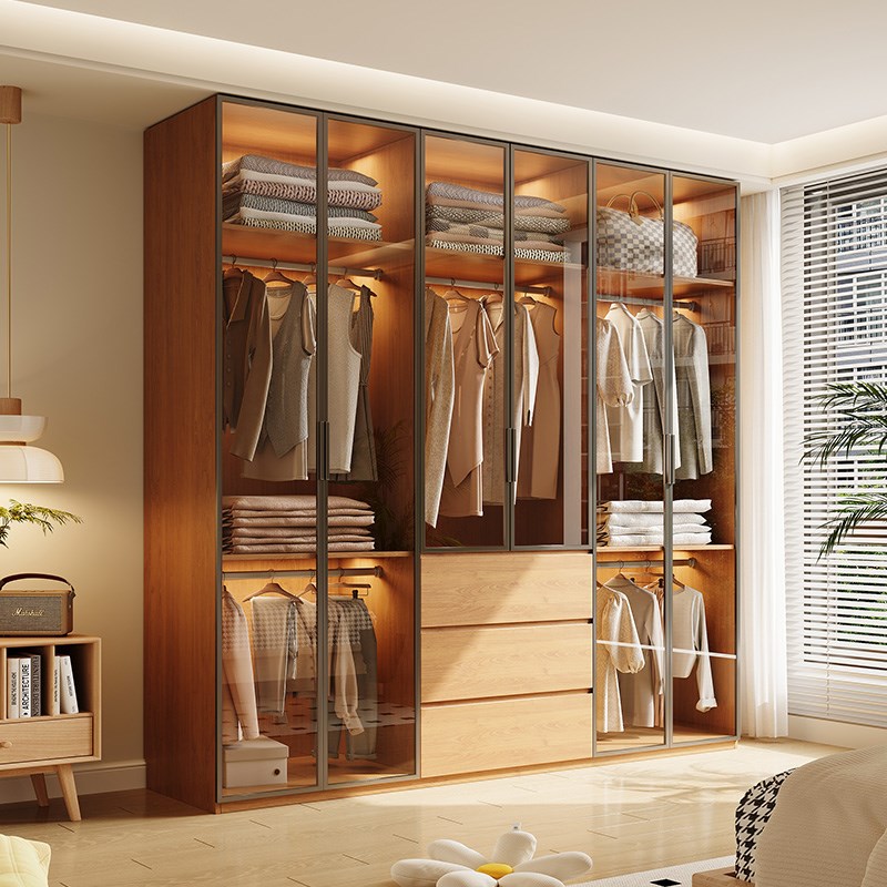 原木风实木衣柜家用卧室2025新款玻璃门K衣橱带灯带抽屉定制储物