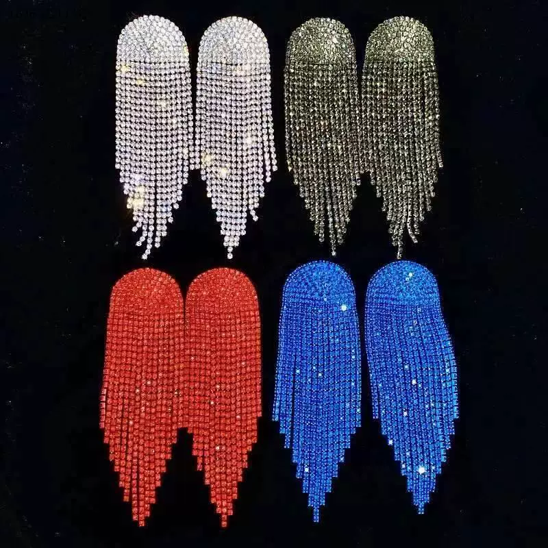 2023 Новая ренди стиль earrings с голубым красным кристаллом и кисточками для женщин