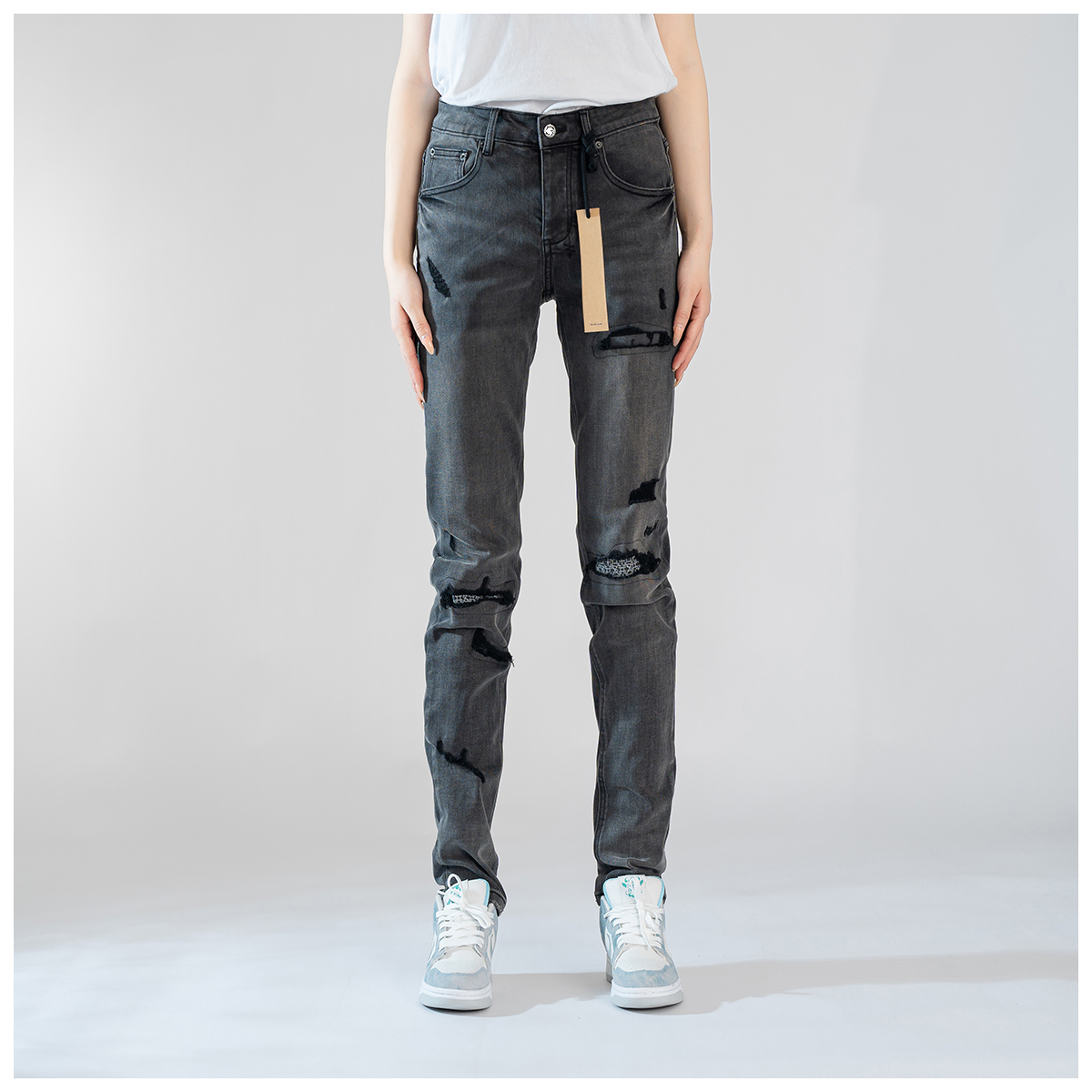 KUS jeans牛仔裤男修身显瘦欧美式高街破洞做旧复古修修身小脚裤