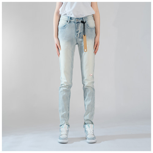 KUS jeans牛仔裤男修身显瘦欧美式高街刺绣基础款做旧修身小脚裤