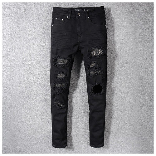 AMR Skinny Ripped Jeans 牛仔裤男美式高街烫钻破洞补丁小脚裤