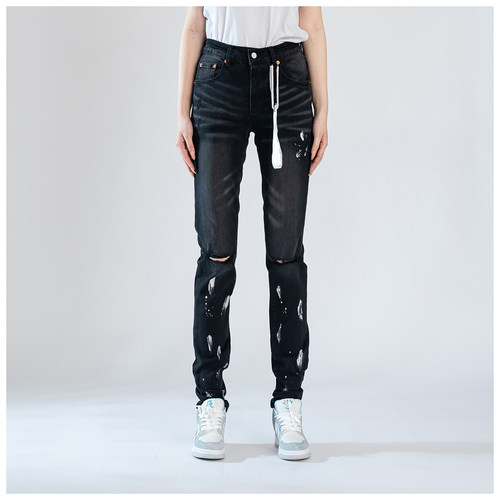 PUR jeans牛仔裤男修身显瘦欧美式高街破洞乞丐泼墨修身小脚裤