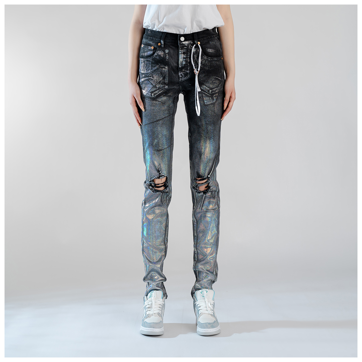 PUR jeans牛仔裤男修身显瘦欧美式高街泼墨烫金款潮牌修小脚裤