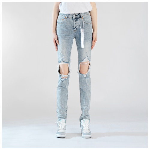 PUR jeans牛仔裤男修身显瘦欧美式高街破洞露肉乞丐修身小脚裤