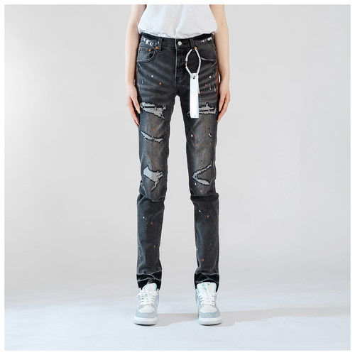 PUR jeans牛仔裤男修身显瘦欧美式高街泼墨破洞款潮牌修身小脚裤