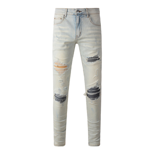 AMR Skinny Ripped Jeans 牛仔裤男美式高街做旧破洞补丁小脚裤