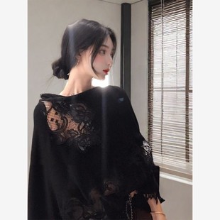 法式黑色蕾丝镂空防晒披肩外套女宽松显瘦高级感气质上衣