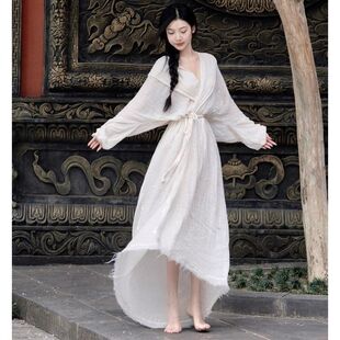 气质温柔绝美禅意风连衣裙女高级感宽松慵懒绑带收腰长裙