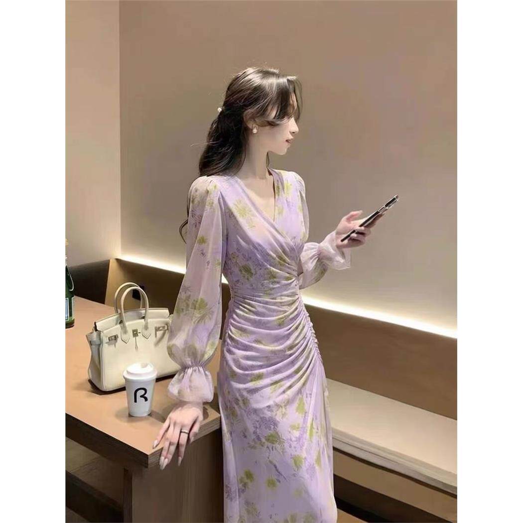 紫色碎花连衣裙女春轻奢