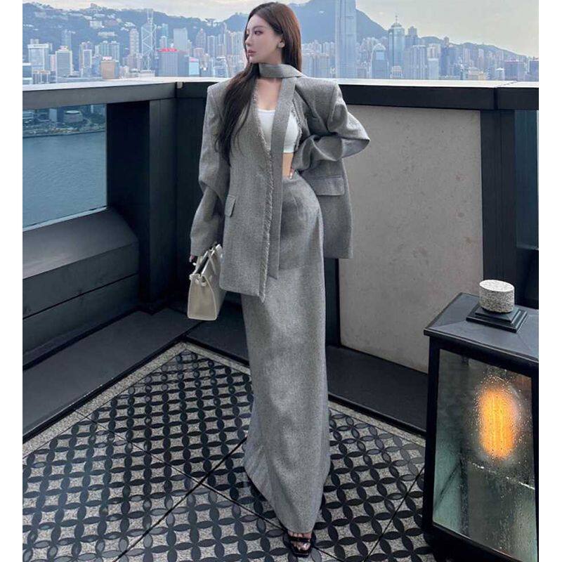 独特绝美小套装早秋御姐风气质毛边设计感西装外套高腰显瘦中长裙