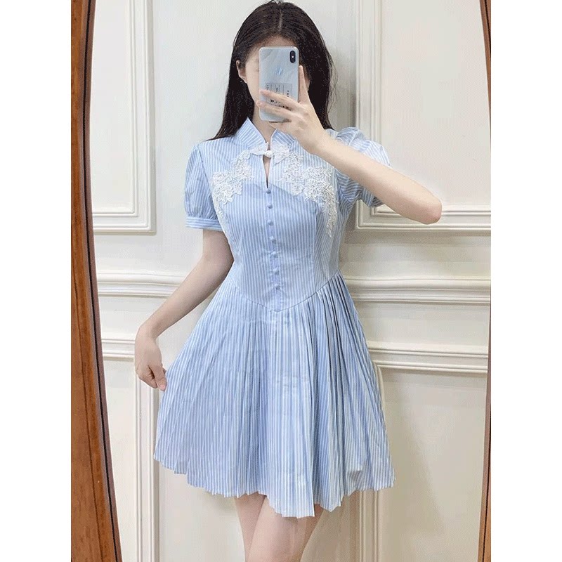 新中式蓝色条纹连衣裙女2