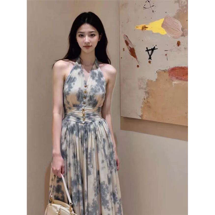 新中式蓝色晕染挂脖连衣