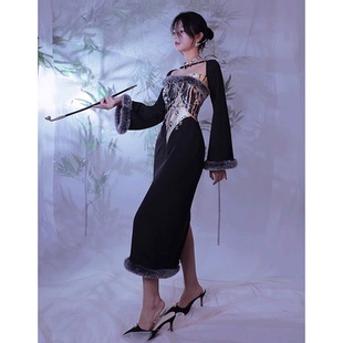 四斤自制Modern竹聆涧 国风战袍 银竹相间 原创改良秋冬长款旗袍