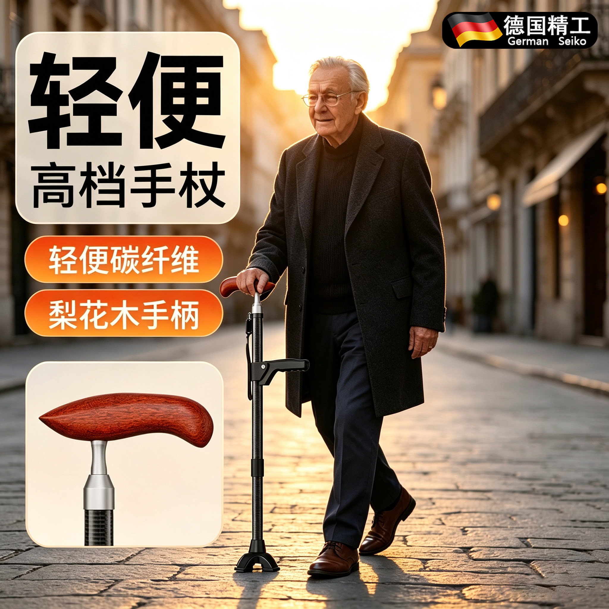 德国实木拐杖老人防滑拐棍轻便碳纤维手杖老年人户外手杖老人手杖