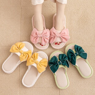 2026新款亚麻拖鞋女室内家居家用防滑厚底四季甜美蝴蝶结静音凉拖