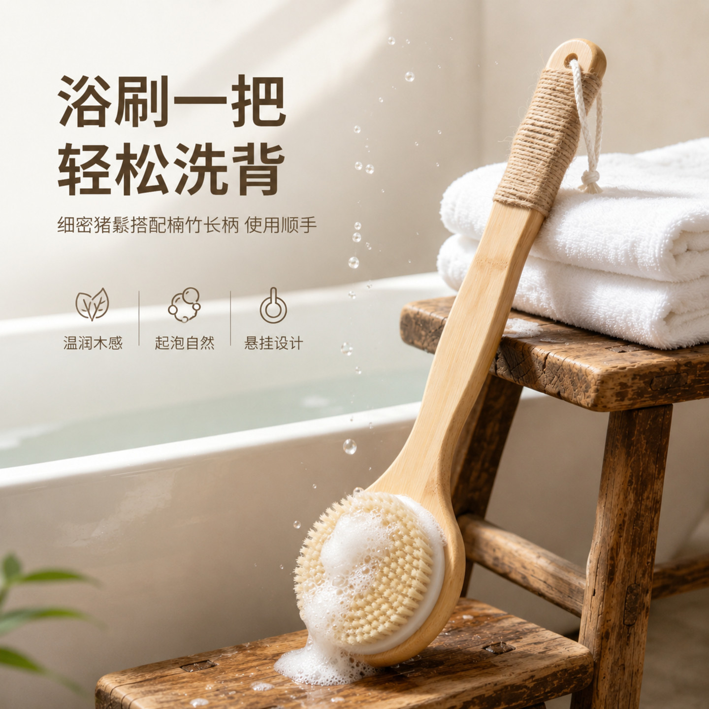 猪鬃木质长柄浴刷轻松洗背起泡
