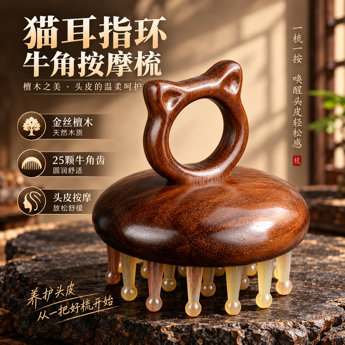 檀木牛角猫耳指环按摩梳