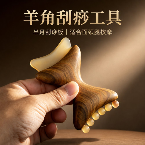 天然绿檀羊角刮痧按摩板
