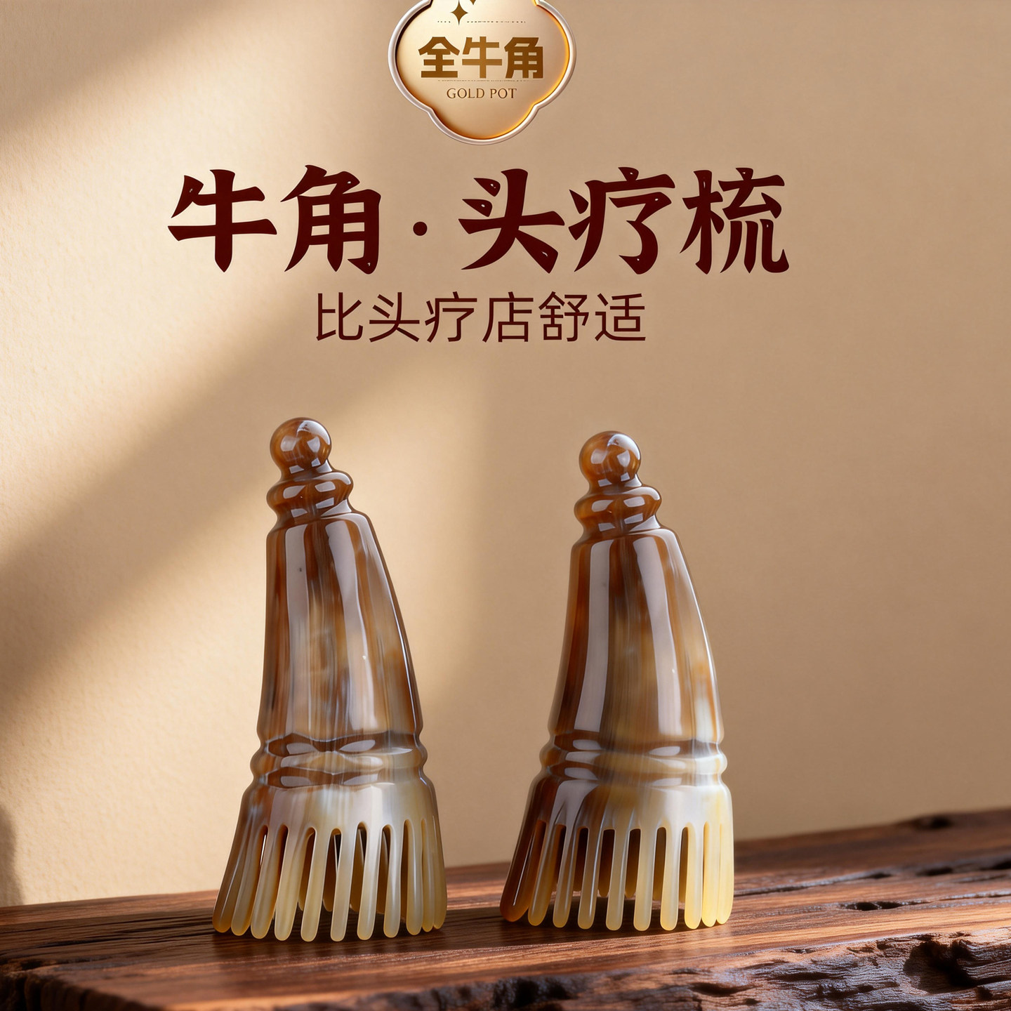全牛角头疗梳经络按摩梳天然牛角头部护理专用圆筒宽齿加厚洗发梳