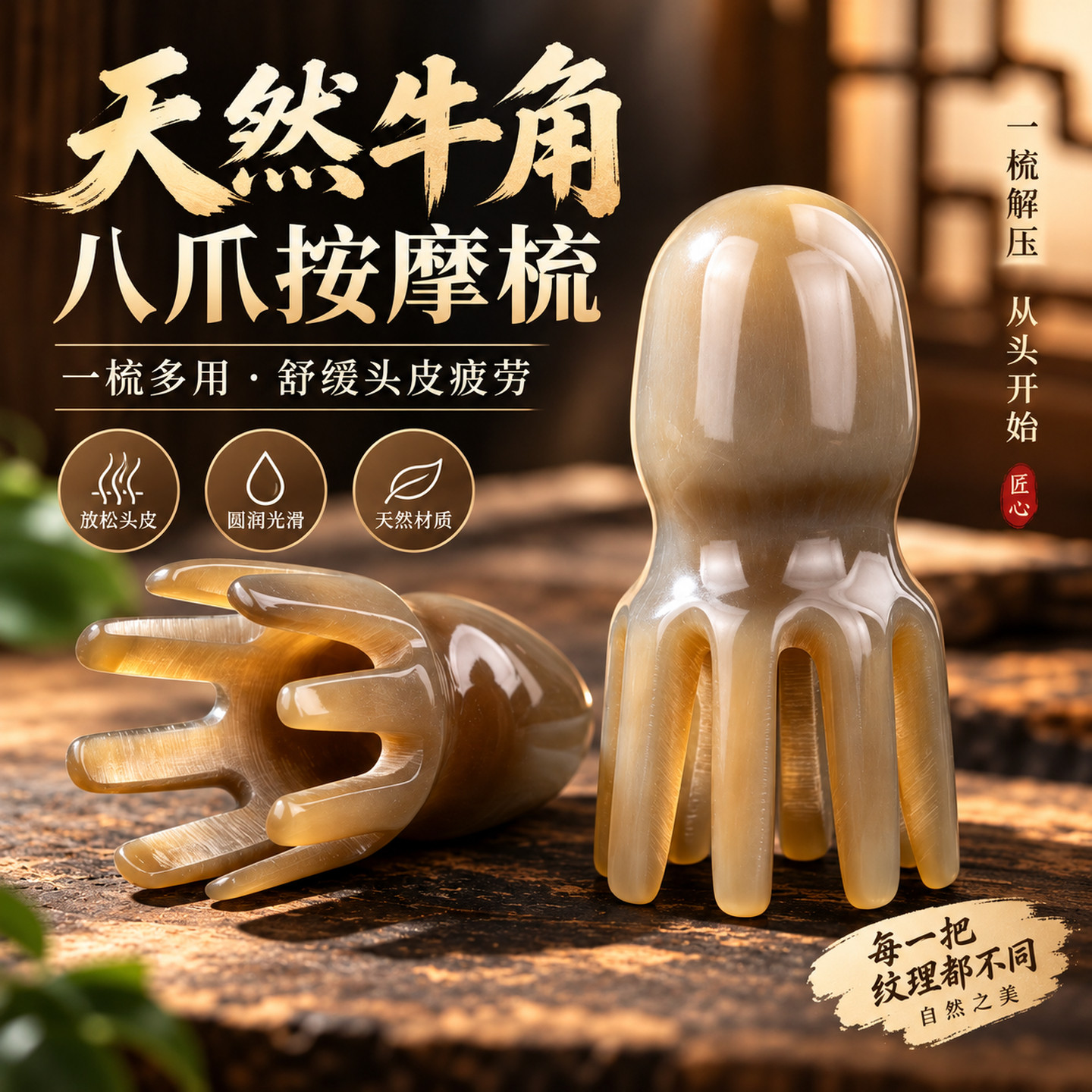 天然牛角章鱼按摩梳头部经络按摩器头皮穴位头疗梳便携洗头刷宽齿