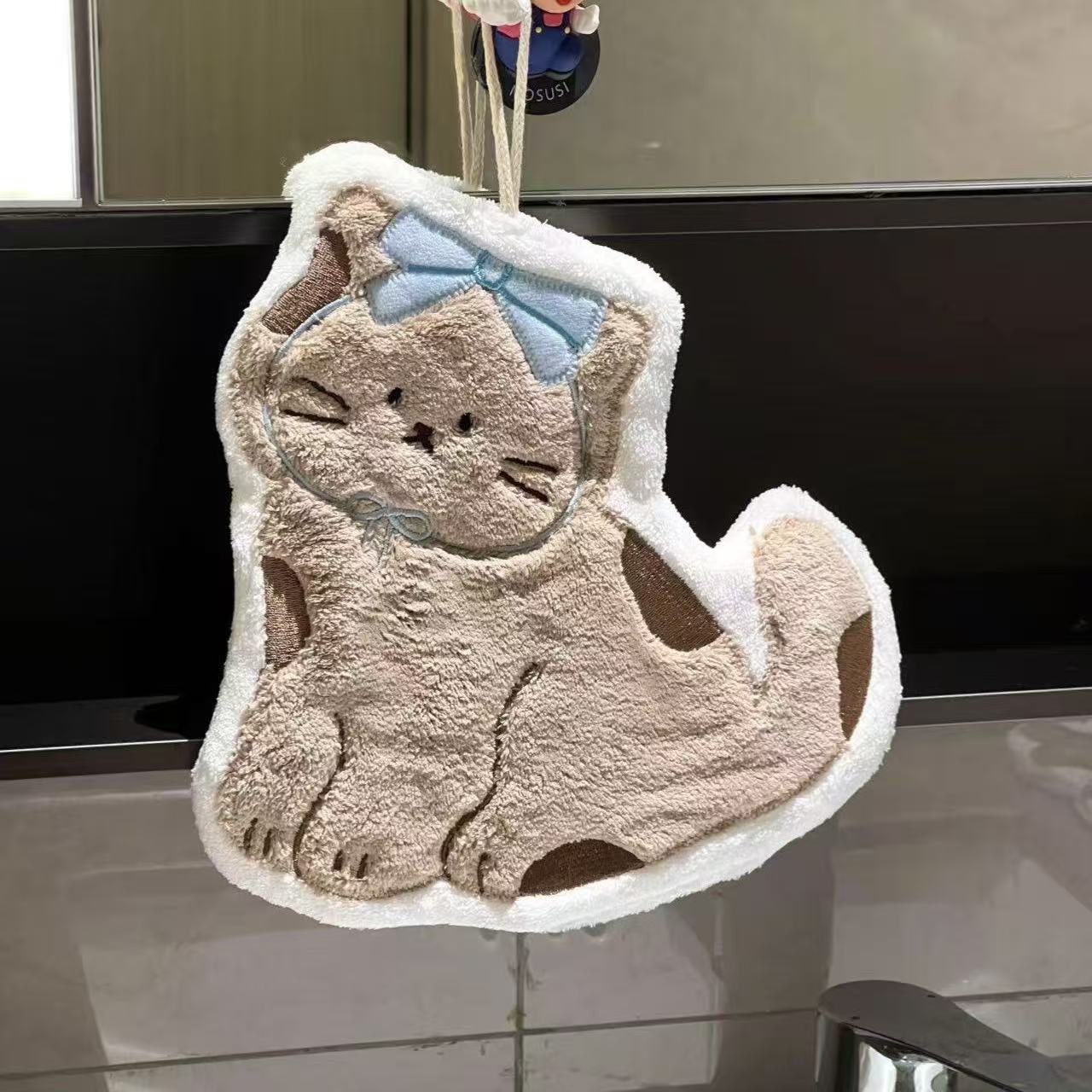 蝴蝶结猫咪擦手巾可挂式可爱厨房卫生间加厚超强吸水珊瑚绒小毛巾