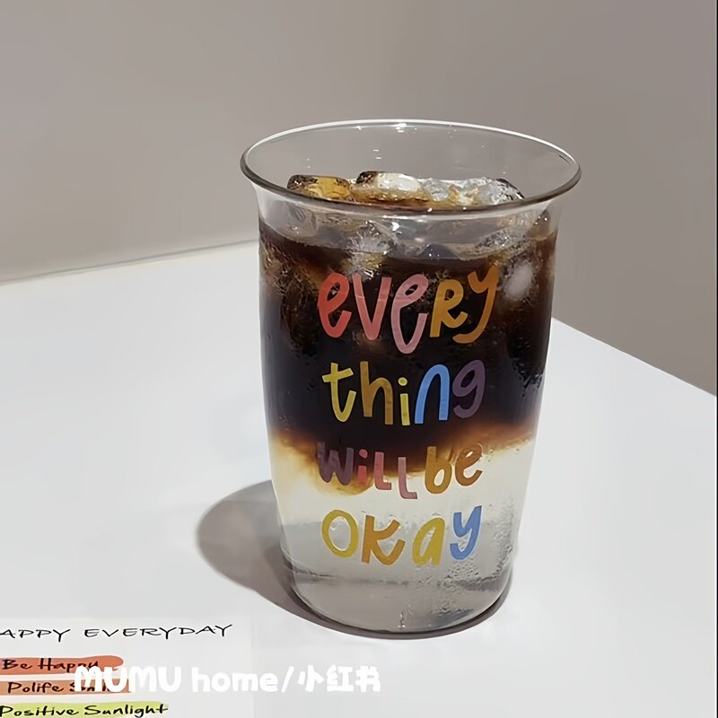 彩色字母水杯玻璃透明牛奶杯办公室喝水杯子家用大容量早餐燕麦杯